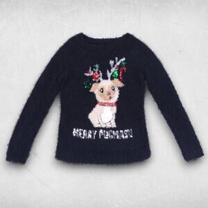Merry Pugmas Fuzzy Sweater Women Blk Pug Reindeer Sequins Xmas Christmas Party